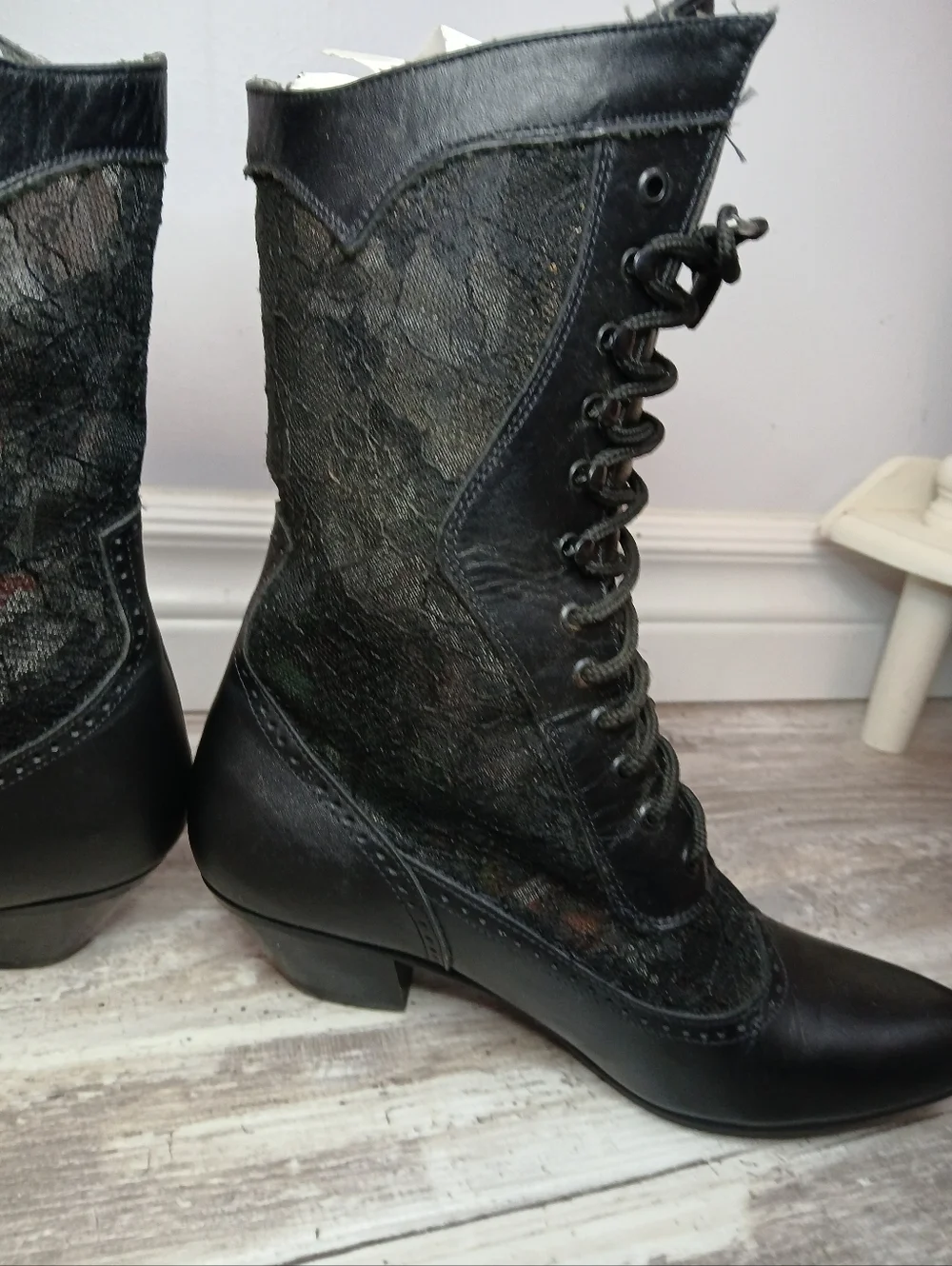 Whimsigoth Victorian Sheer Lace & Faux Leather Ankle Boots - Size 6 - Picture 2 of 11